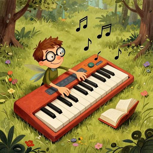 Cartoon of a fairy boy with glasses playing a red keyboard in a lush, flower-filled forest, with musical notes and an open book nearby.