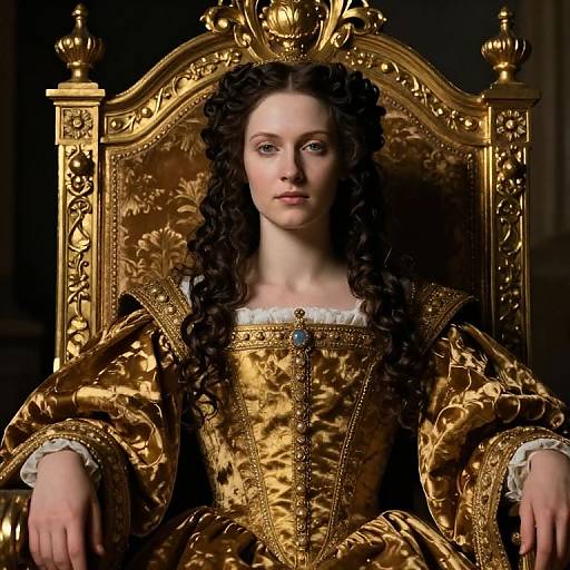 Photograph of a fair-skinned woman with long, curly brown hair, wearing an ornate, gold, Renaissance-style dress, seated on an elaborate