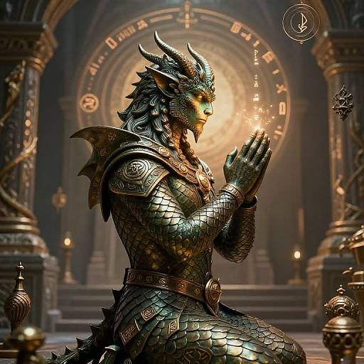 Digital artwork of a dragon-human hybrid in ornate, metallic armor, kneeling in a dimly lit, ancient temple, casting a glowing spell.