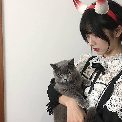 Woman with Horn Headpiece Holding Gray Cat