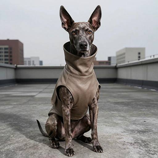 Photograph of a black and brown spotted dog wearing a tan leather vest, sitting on a rooftop with urban buildings in the blurred background.