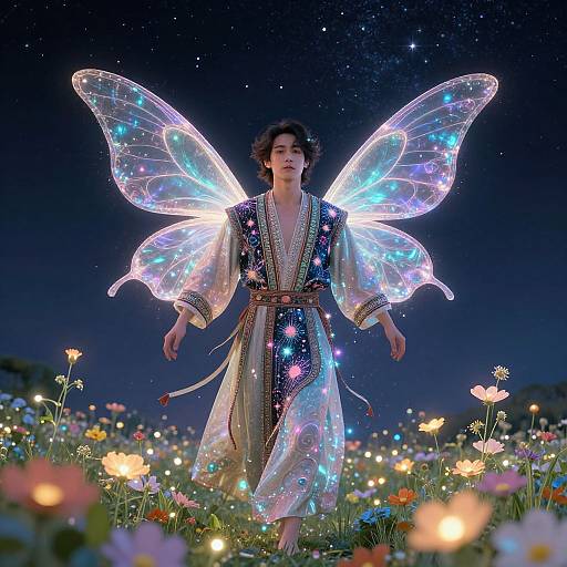Photograph of a woman with glowing, iridescent butterfly wings, wearing a star-patterned robe, standing in a starry night field of glowing