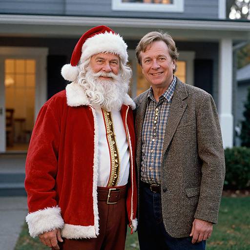 Photograph of a smiling middle-aged man in a gray blazer and plaid shirt standing next to Santa Claus in a red velvet suit. Background: