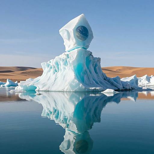 Photograph of a large, white ice formation with a circular hollow at the top, reflecting in a calm, blue water surface, under a clear,