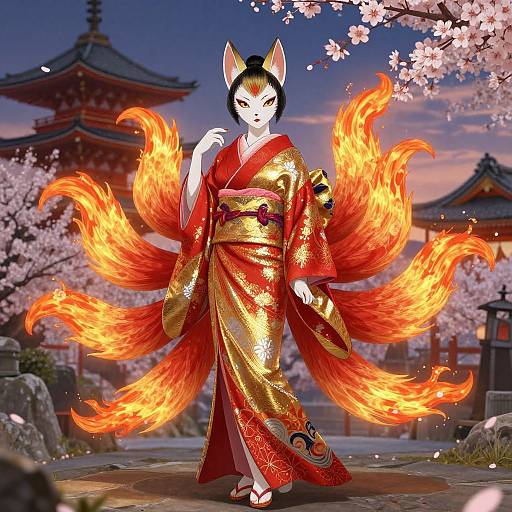 Digital artwork of a fox spirit in a red and gold kimono, with nine fiery tails, standing in a cherry blossom garden at sunset, with traditional