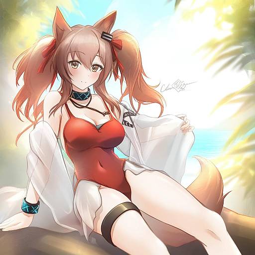 Illustration of Angelina (summer flower) (arknights), arknights in the style of Clear glass (mildmild1311)