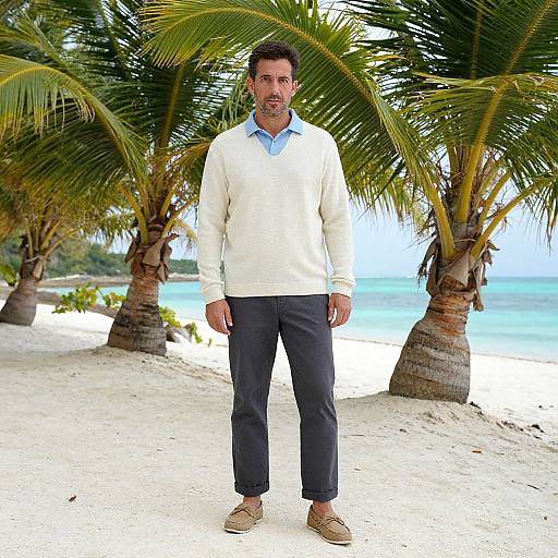Photograph of a middle-aged man with short dark hair and beard, wearing a white sweater, light blue shirt, black pants, and brown shoes,