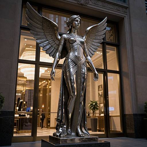 Photograph of a shiny, metallic winged statue of an ancient Greek-style woman standing in front of a brightly lit, modern storefront.