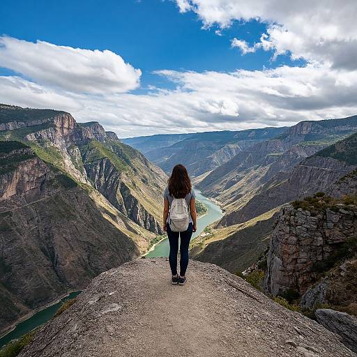 Photograph of a woman with long brown hair, white backpack, and black pants standing on a rocky cliff, overlooking a vast, green valley with a