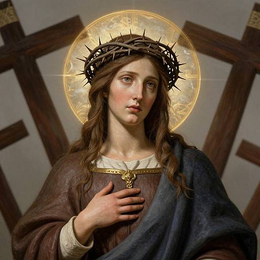 Photograph-like digital art of a sorrowful Jesus with long brown hair, a thorny crown, golden halo, brown robe, and blue cloak,