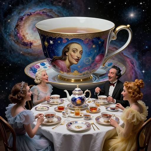 Photograph-style digital artwork of four elegantly dressed people around a tea table, with a giant teacup featuring a smiling woman against a cosmic galaxy