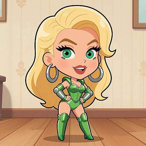Cartoon Blonde Woman in Green Armor Outfit