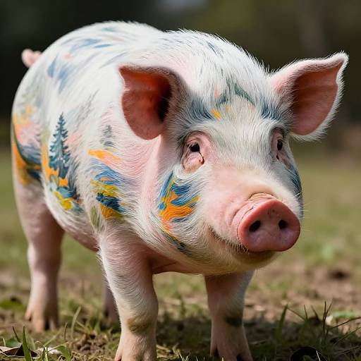 Photograph of a pink pig with white fur, painted with colorful abstract patterns, standing on grass in a sunlit outdoor field.