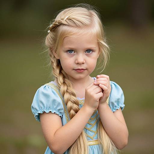 Photograph of a blonde, blue-eyed young girl with a braided ponytail, wearing a light blue, short-sleeved dress with yellow trim