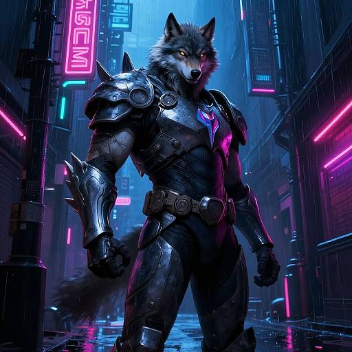 CGI image of a muscular, armored wolf warrior with glowing red eyes standing in a neon-lit, rainy cyber-city street.