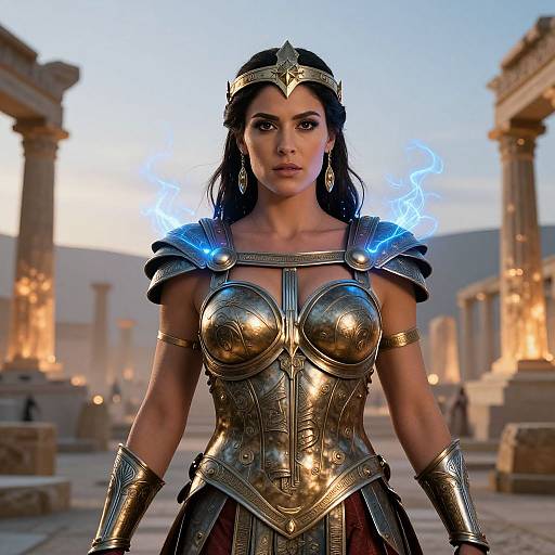 Digital artwork of a fierce, dark-haired woman in golden Roman-style armor with blue energy flames on shoulders, standing in a sunlit, ancient ruins background