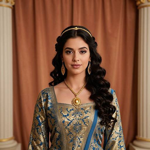 Photograph of a South Asian woman with long black hair, wearing an ornate blue and gold traditional dress, gold jewelry, and headband, standing