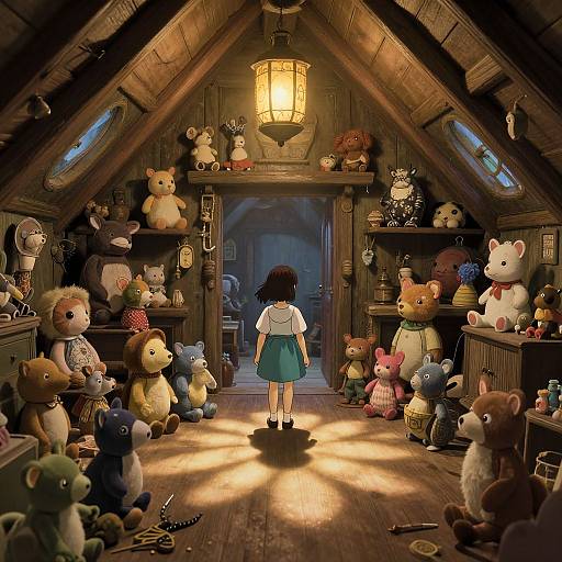 Photograph of a young girl in a blue dress, standing in a sunlit, wooden attic filled with colorful, vintage stuffed animals.