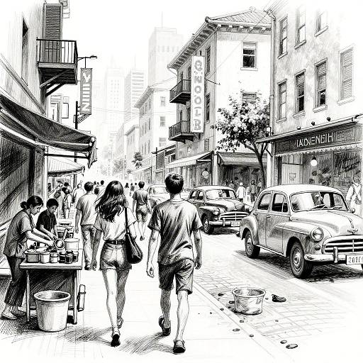 Dynamic Urban Street Sketch in Black and White
