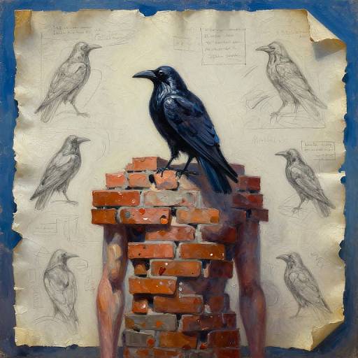 Digital painting of a black crow perched on a red brick column, surrounded by pencil sketches of crows on aged paper.