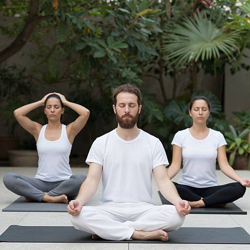Photograph of three meditating individuals, two women and one man, in white clothes, sitting cross-legged on black mats in a lush, green garden