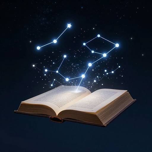 Open book floating in dark space, illuminated by glowing blue star constellation connected by white lines, surrounded by small white stars.