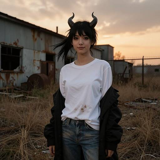 Photograph of an Asian woman with black horns, black jacket, white shirt, and jeans, standing in an abandoned, grassy, industrial site at