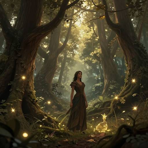 Digital fantasy artwork: Enchanted forest with glowing fireflies, tall trees, and a lone woman in a dark, medieval-style dress, standing amid