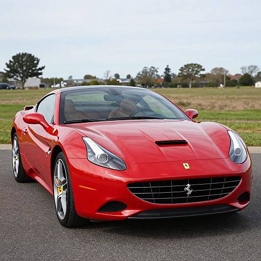 Photograph of a shiny, red Ferrari sports car with sleek design, black grille, and yellow brake calipers parked on an asphalt road in a grass