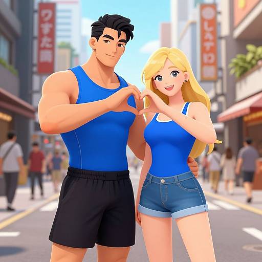 Digital anime-style image of a muscular, black-haired man in a blue tank top and black shorts, and a blonde woman in a blue tank top and