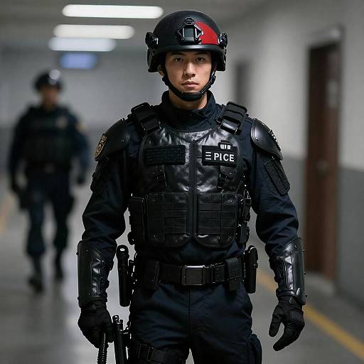 Tactical Police Officer in Dimly Lit Hallway