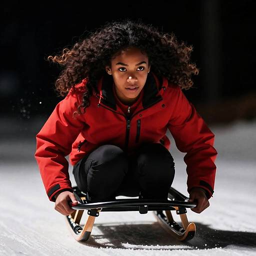 Dynamic Sledding Pose of Young Woman