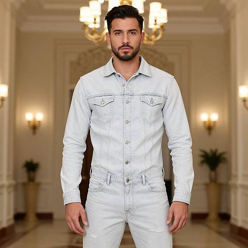 Photorealistic digital image of a handsome, bearded man with dark hair in a white button-up shirt and pants, standing in an elegant, warmly