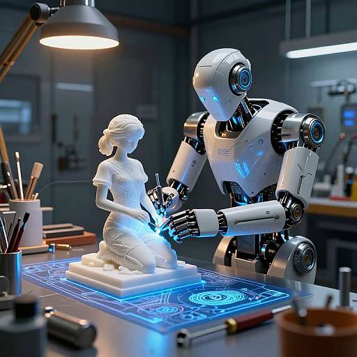 Futuristic Robot Artisan Crafting Sculptures