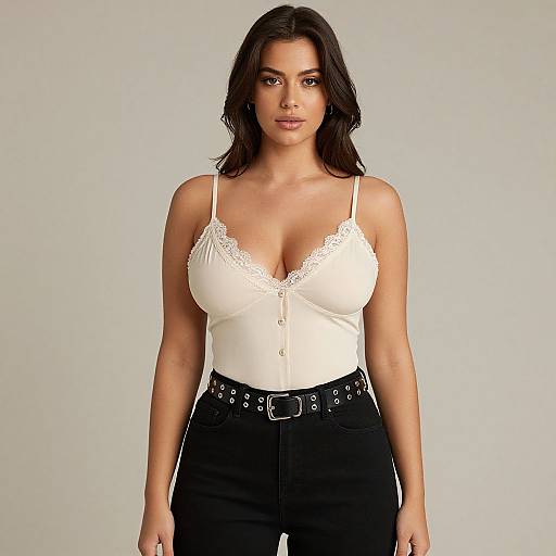 Photograph of a confident woman with medium skin tone, dark wavy hair, wearing a white lace-trimmed tank top, black high-wa