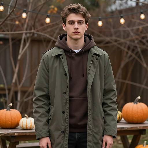 Young Man in Autumn Setting with Pumpkins