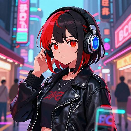 Digital anime-style artwork of a red-eyed girl with black and red bob haircut, wearing headphones, black leather jacket, and black crop top, standing in