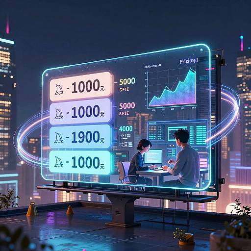 Digital artwork: Two men in suits, seated at a futuristic desk with neon-lit holographic screens, analyzing market data against a city skyline backdrop.