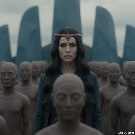 Woman with Red Headpiece Among Spear-Topped Statues