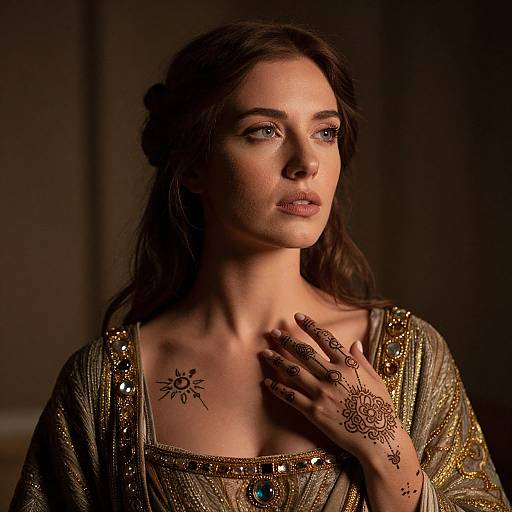 Photograph of a beautiful woman with dark brown hair, wearing a gold, bejeweled dress, henna designs on her hand and chest,