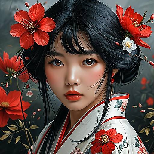 Beautiful Japanese Girl with Red Flower
