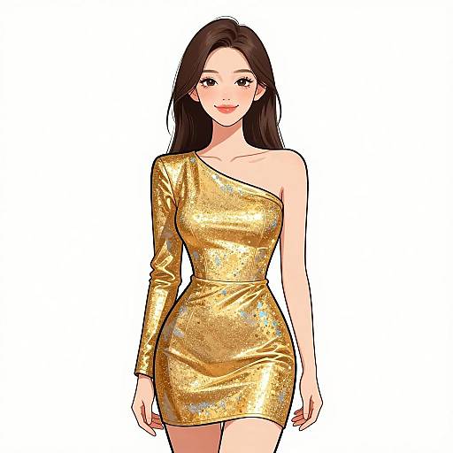 Digital illustration of a beautiful Asian woman with long black hair, wearing a shimmering, gold one-shoulder mini dress, smiling confidently against a white