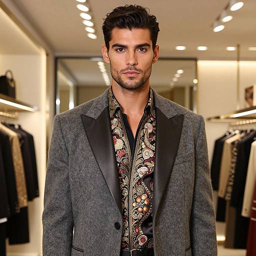 Photograph of a handsome, dark-haired man with a trimmed beard, wearing a gray blazer over a patterned black shirt, standing in a brightly