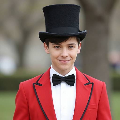 Photograph of a young man with fair skin, brown hair, wearing a black top hat, red tailcoat, white shirt, and black bow tie