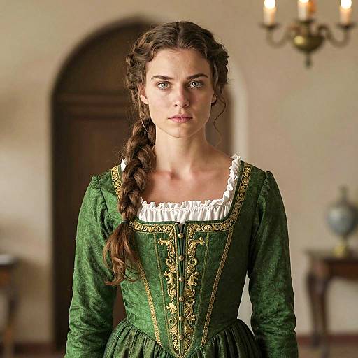 Woman in Ornate Green Medieval Dress