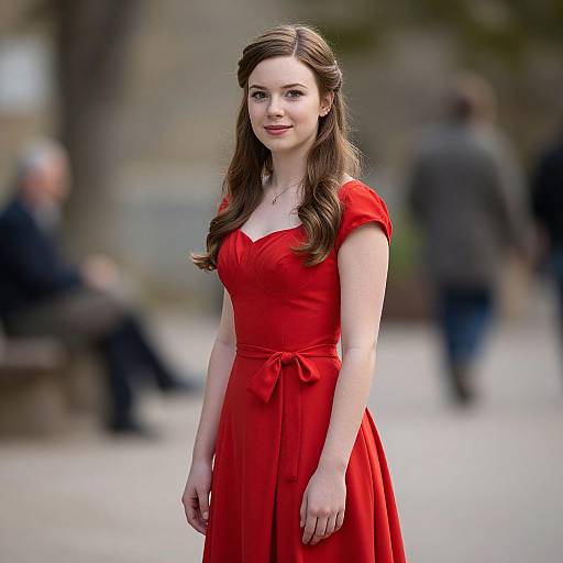Photograph of a fair-skinned woman with long brown hair, wearing a vibrant red dress with puffed sleeves and a bow, standing outdoors with blurred
