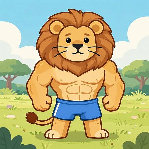 Kawaii Muscular Lion in Savannah
