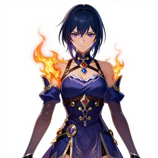 Digital anime-style drawing of a fierce, blue-haired woman with purple eyes, wearing a dark blue, ornate dress with fire effects on her shoulders,