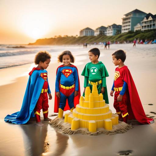 Vibrant Superhero Kids at Sunset Beach