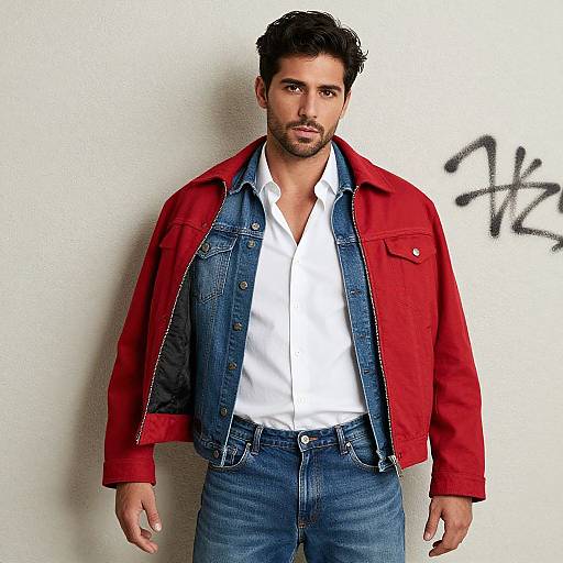 Photograph of a handsome, bearded man with short, dark hair wearing a red jacket over a white shirt and blue jeans, standing against a white
